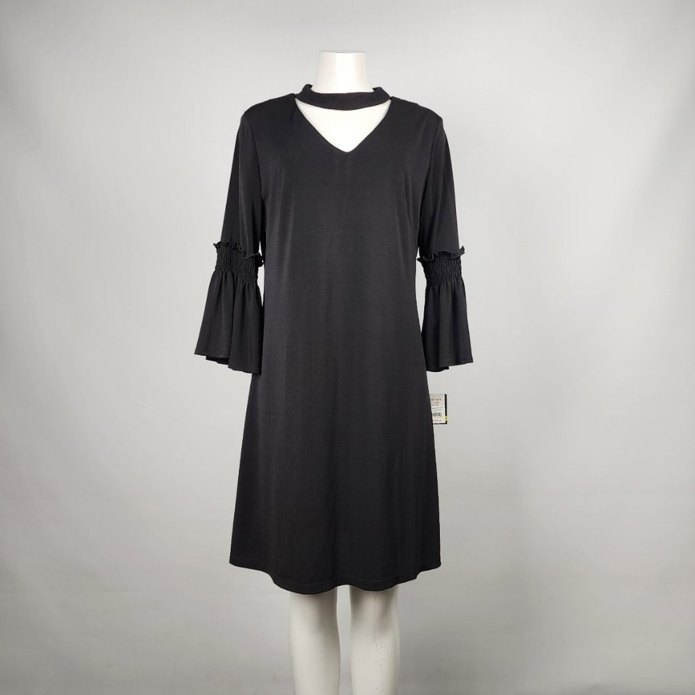 Gabby Skye Gothic Black Dress With Bell Sleeves And Choker Neckline